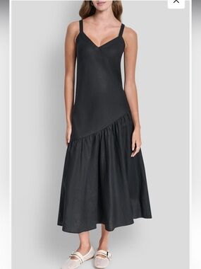 DKNY Black Spaghetti-Strap Tiered Midi linen Dress Shirred Linen Maxi Dress L